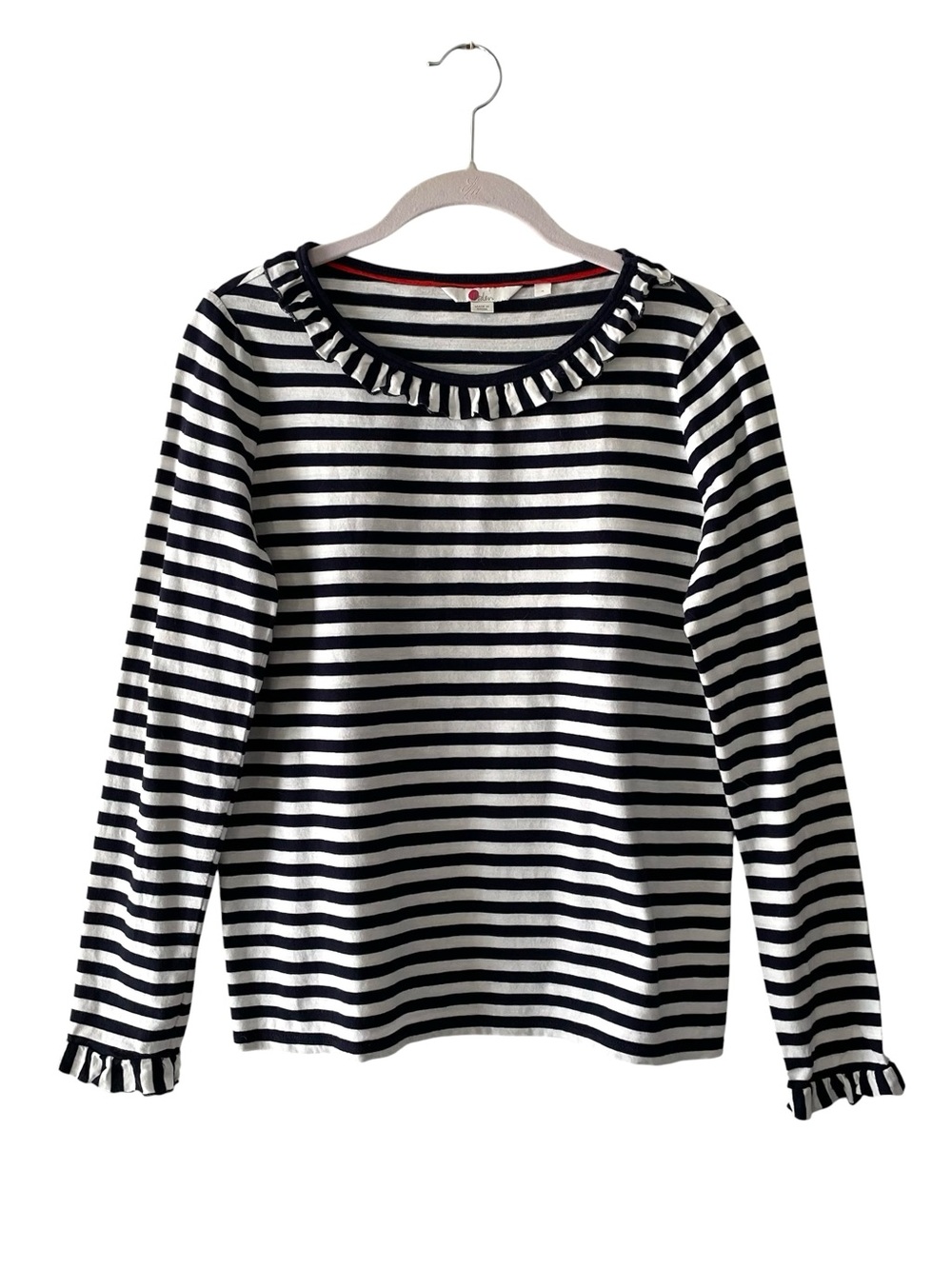 Boden Striped Ruffle Trim Long Sleeve Top Navy White